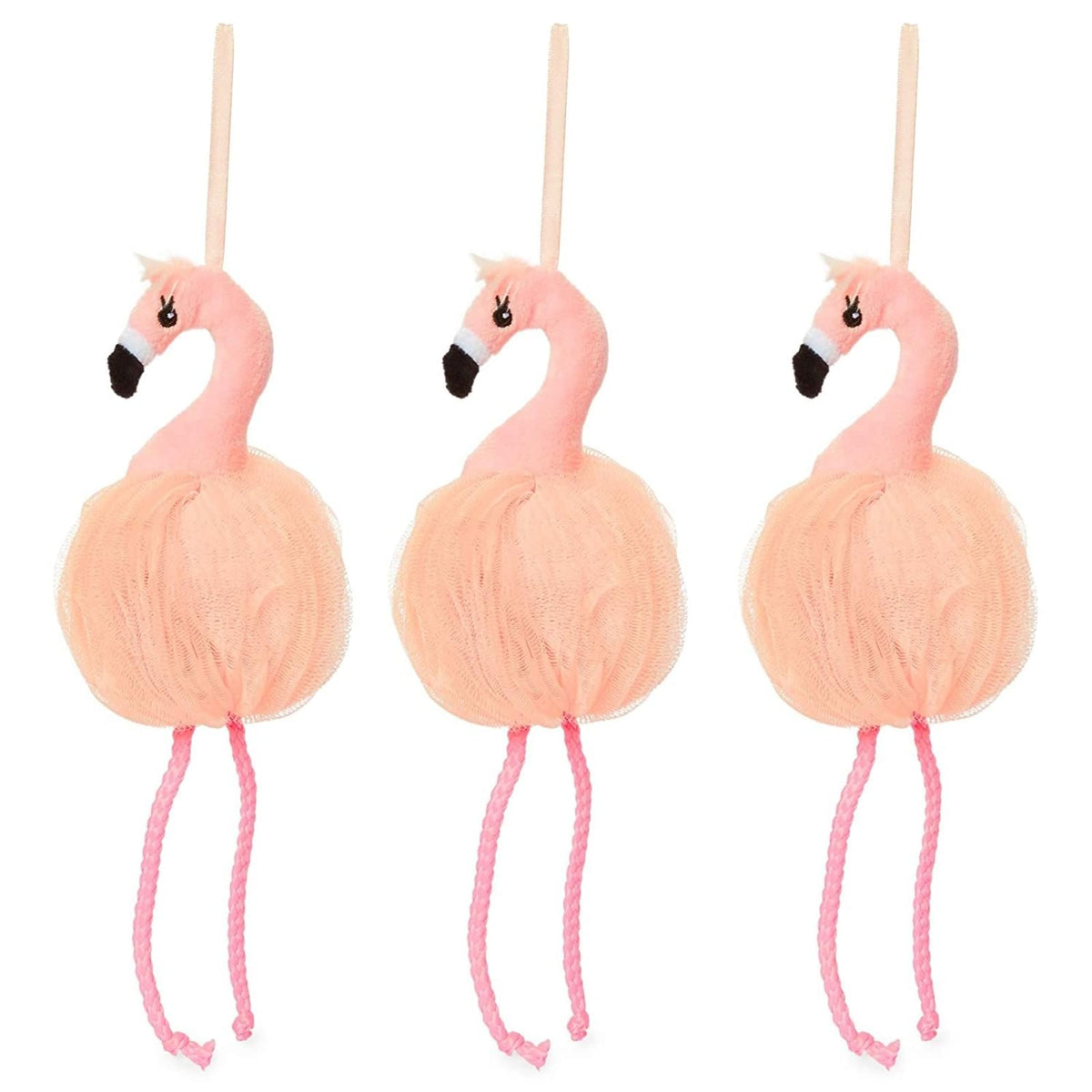 Juvale Pink Flamingo Loofah Bath Sponge Scrubber - 3 Pack, 3.5 X 11.5 In,