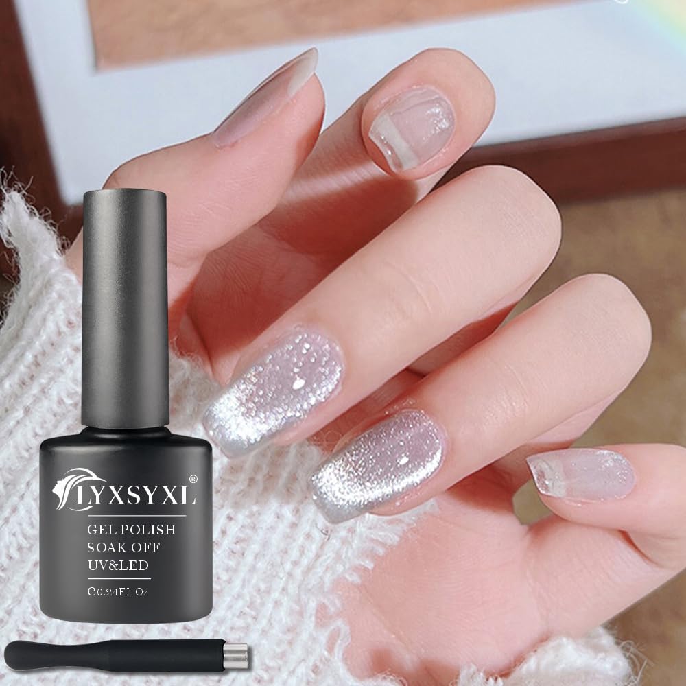 Lyxsyxl 7Ml Silver Cat Eye Gel Nail Polish Set - Shiny Diamond Glitter Uv Gel With Magnet Stick