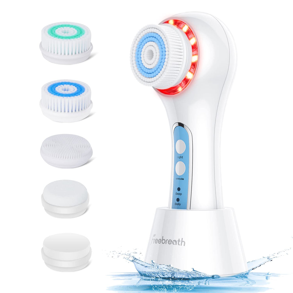 Freebreath Ipx7 Waterproof Facial Cleansing Brush, 3 Speeds, 5 Brush Heads, Usb Rechargeable, Light Blue