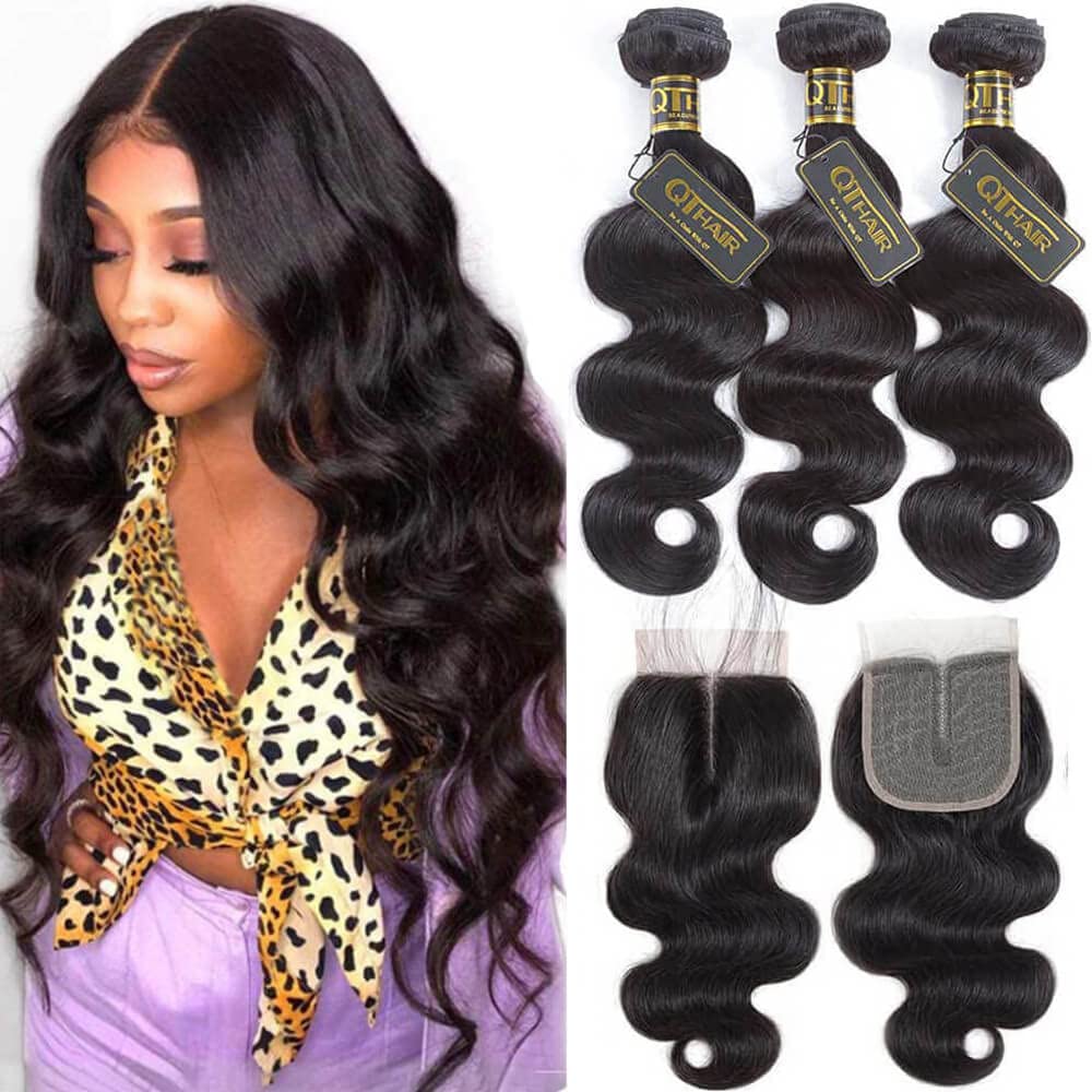 Qthair 12A Brazilian Body Wave Bundles With 4X1 T Part Lace Closure - 100% Unprocessed Human Hair