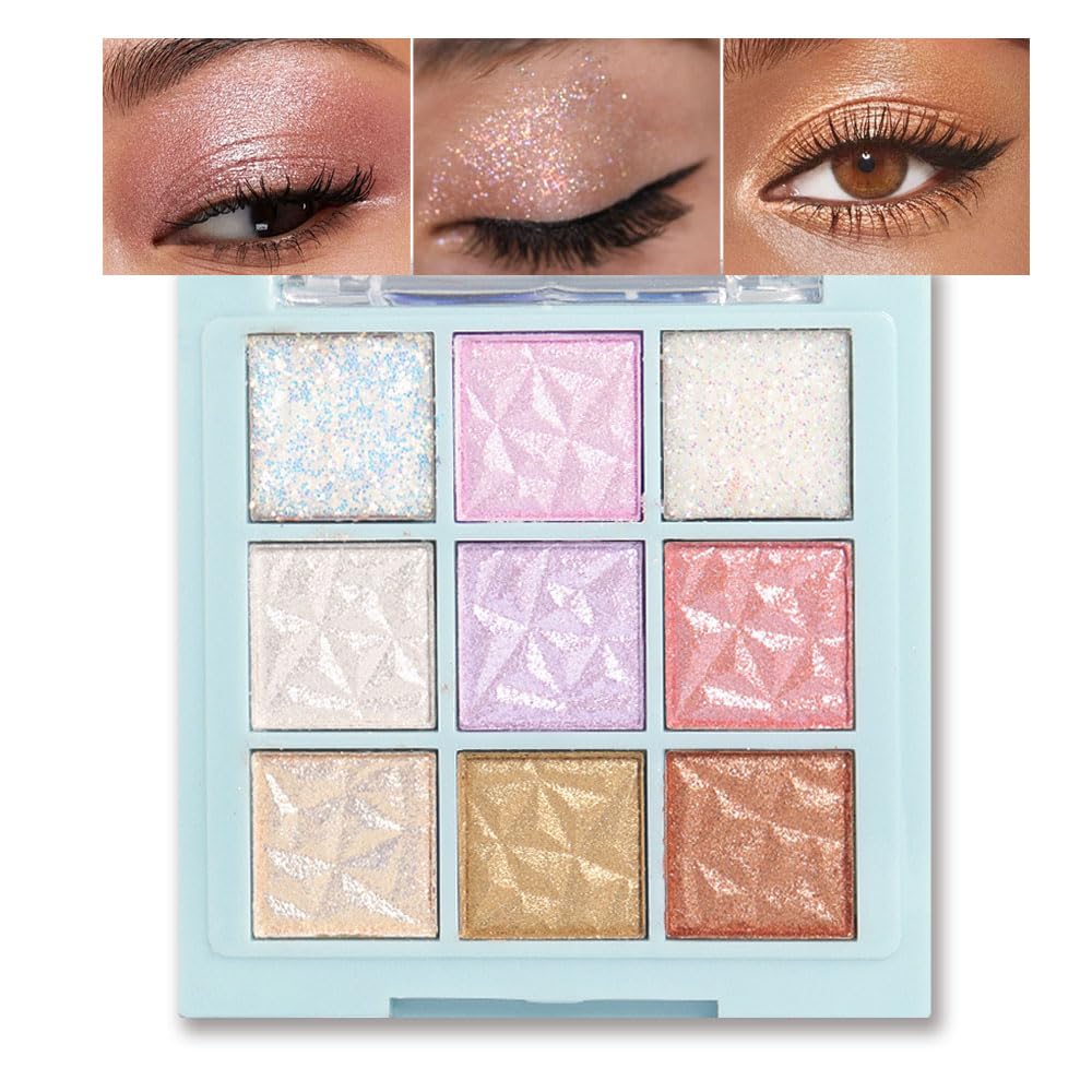 Cakaila 9-Color Sparkly Shimmer Eyeshadow Palette - Hypoallergenic, Waterproof, Highly Pigmented