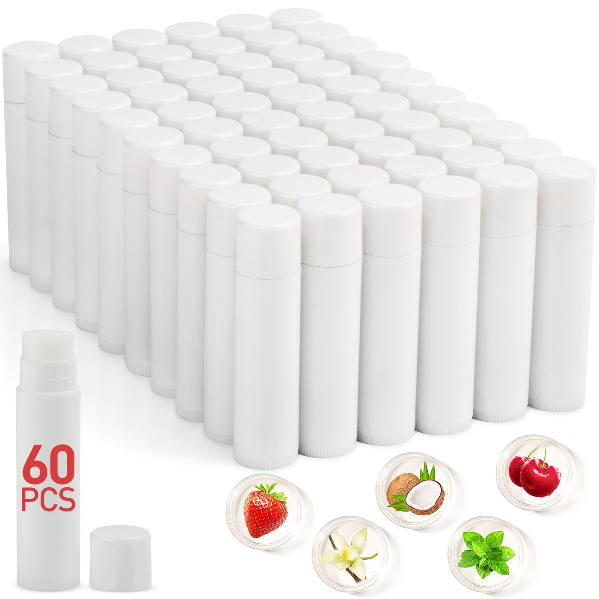 Visrie 60 Pack Lip Balm, Unlabeled Natural Tubes For Parties, Weddings, Baby Showers - 5 Flavors