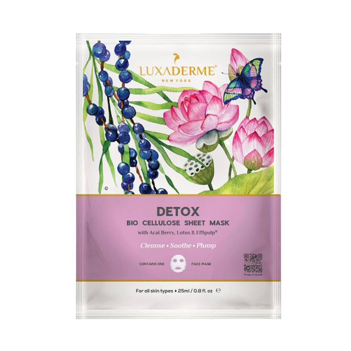 Luxaderme Detox Bio Cellulose Face Mask - Moisturizing, Brightening, Acai Berry, 1 Count