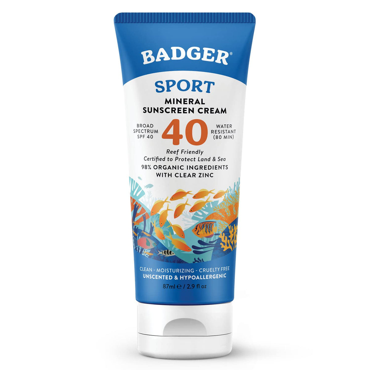 Badger Reef Safe Sunscreen Spf 40, 98% Organic, Zinc Oxide, Water Resistant, Unscented, 2