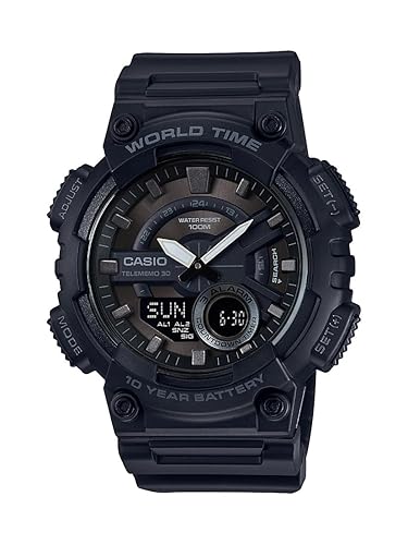 Casio Aeq110Bw Men'S Analog-Digital Watch, Black/Black, 100M Wr, Multi Alarms, Led Light