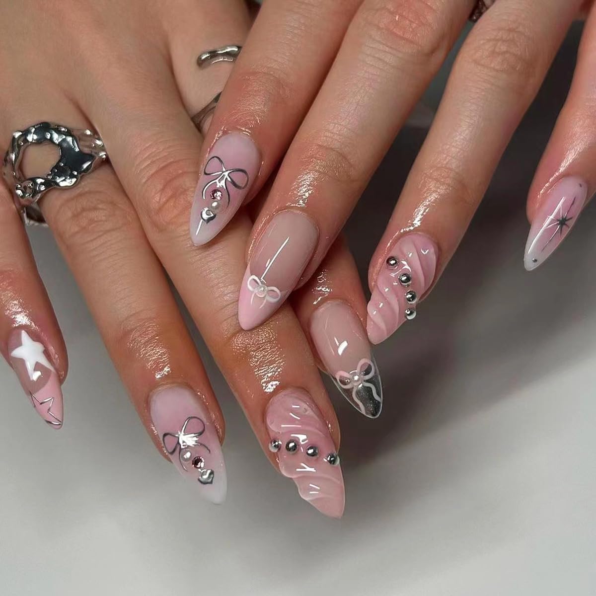 Ctthnbd Medium Almond Pink Press On Nails - French Tip 24Pcs 3D Acrylic Glossy Design