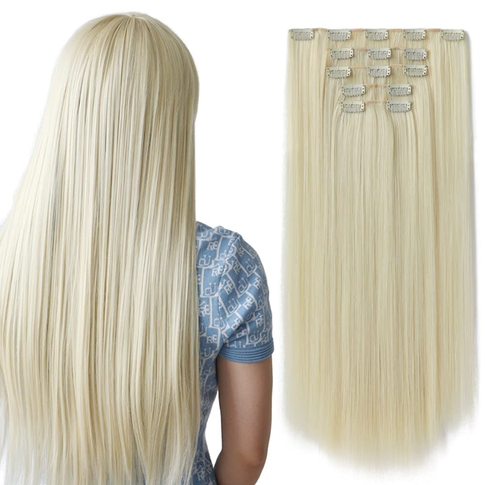 Hspjhtm 22&quot; Bleach Blonde Clip-In Hair Extensions - 5 Pieces Synthetic Thick Hair For Women