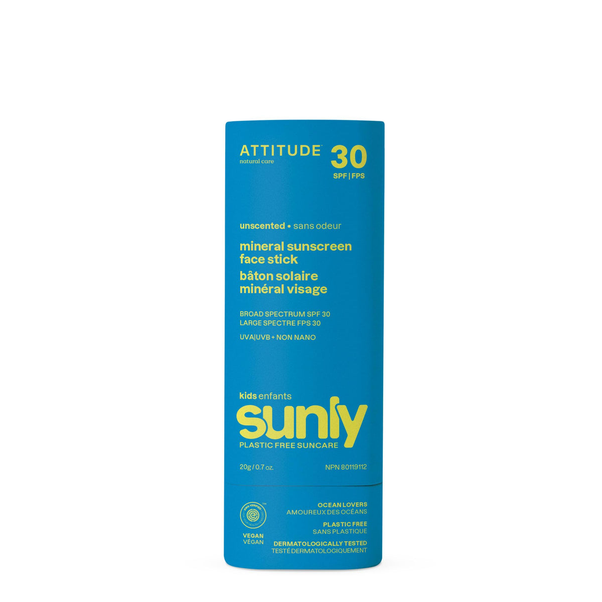 Attitude Kids Mineral Sunscreen Stick Spf 30, Ewg Verified, Plastic-Free, Unscented, 0.7 Oz