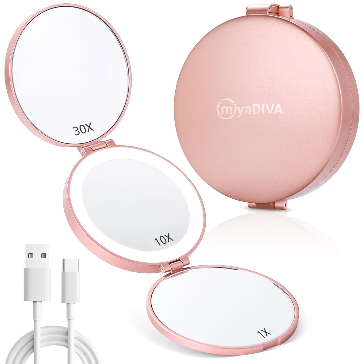 Miyadiva Lighted Compact Mirror, 1X/10X/30X Magnifying, 3 Color Lights, 4