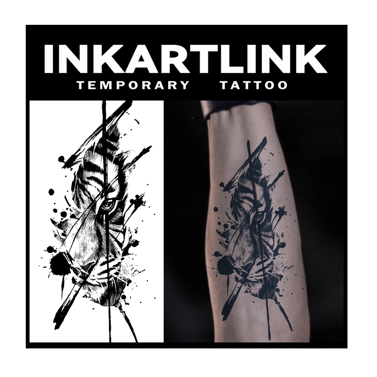 Inkartlink Large Semi-Permanent Tattoo - Watchful Tiger Design, Waterproof, Lasts 1-2 Weeks