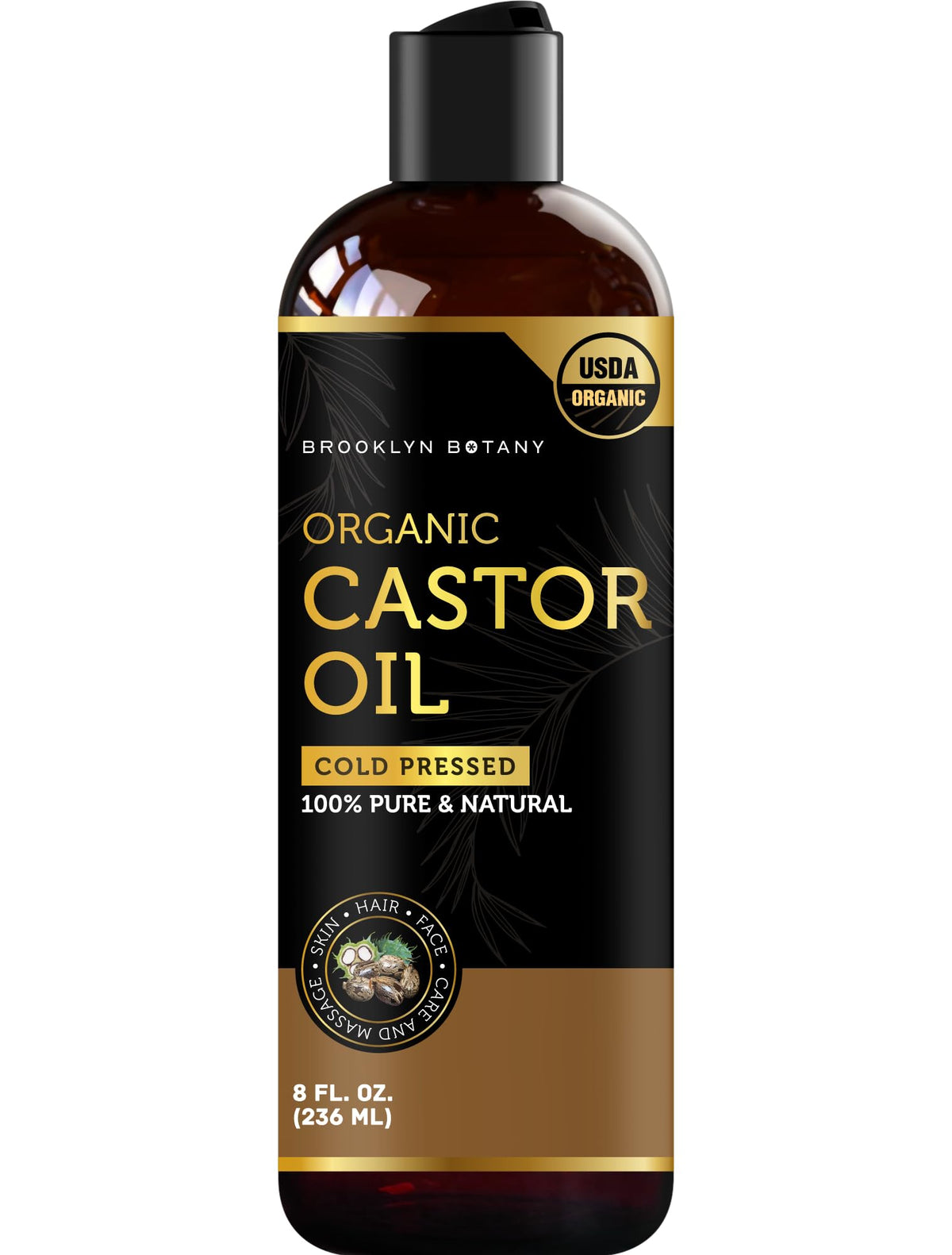 Brooklyn Botany Organic Castor Oil - 100% Pure Hair Growth & Moisturizing Massage Oil, 8 Fl Oz