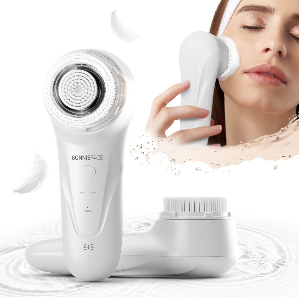 Bonnieface Ipx7 Waterproof Sonic Facial Cleansing Brush - Wireless Charging, Deep Cleansing, White