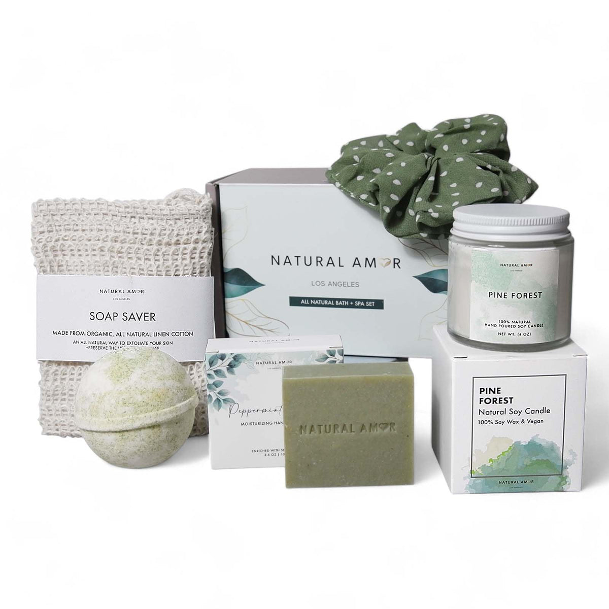 Natural Amor Green Spa Gift Set For Women - 5Pc Bath & Body With Soap, Candle, Bath Bomb