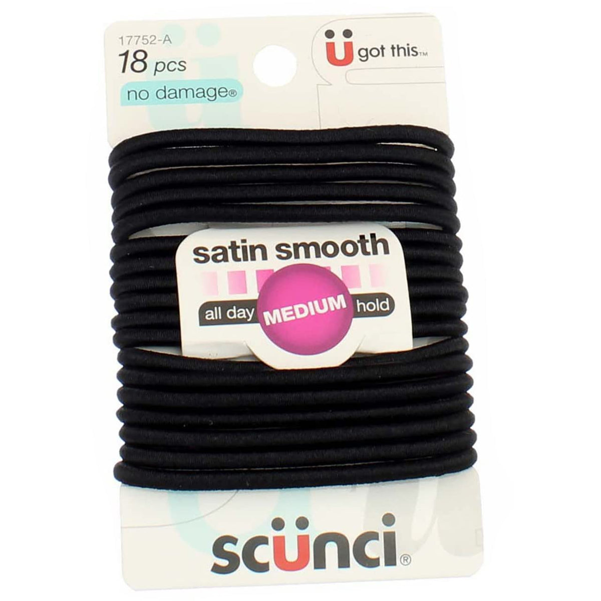 Scunci Satin Smooth Black Hair Elastics - Medium Hold, 18 Count, No Damage