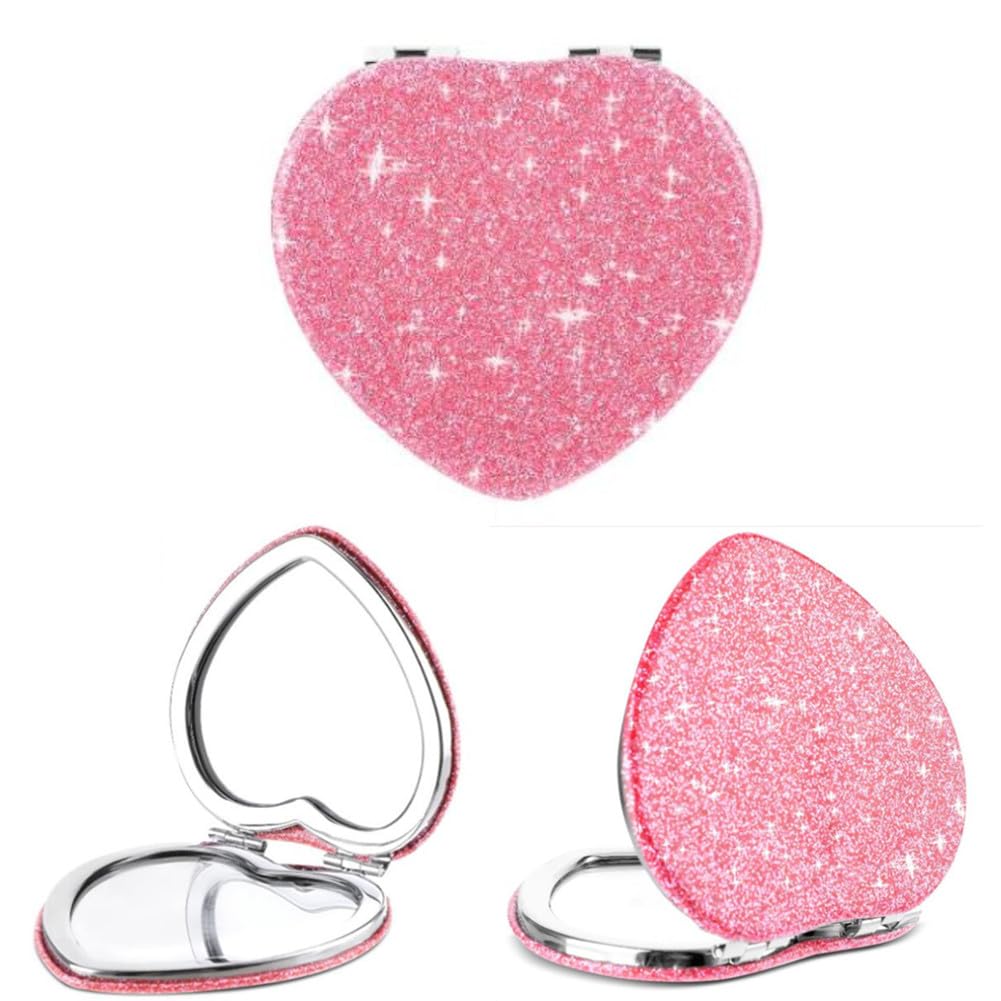 Mpowtech Pink Heart Shaped Compact Mirror, 2X Magnifying Travel Makeup Mirror, Gift For Women