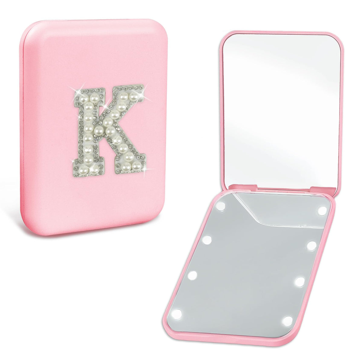 Aganmi Pink Led Makeup Mirror With Lights, Initial Compact Travel Mirror For Bridesmaid Gifts