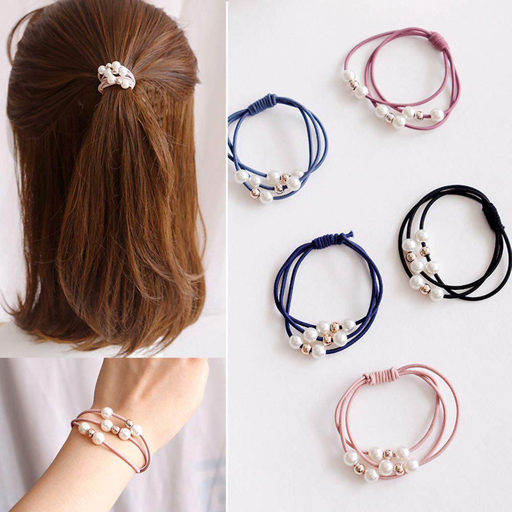 Ddjyp 20 Pcs Korean Hair Accessories - Multi Layer Hair Rings With Pearls & Elastic Ties