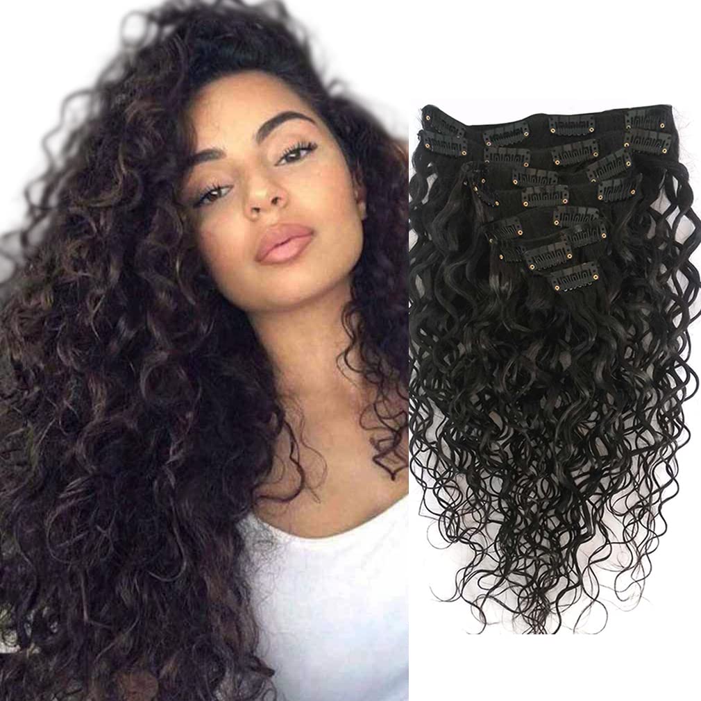 Doren Deep Curly 18&quot; Clip In Human Hair Extensions, 120G Remy Brazilian Water Wave, Natural Black