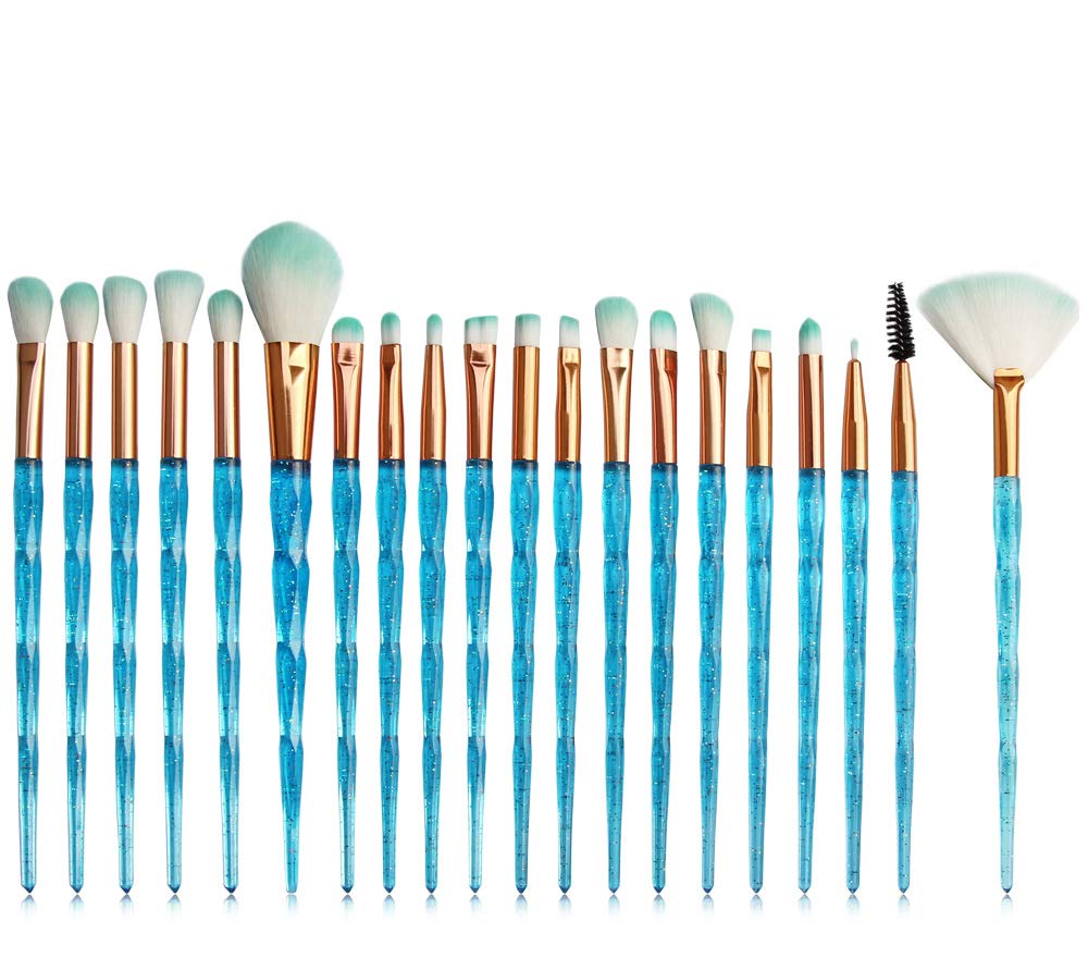 Kolight 20Pcs Bright Blue Cosmetic Makeup Brush Set For Eyeshadow & Lip, Plastic