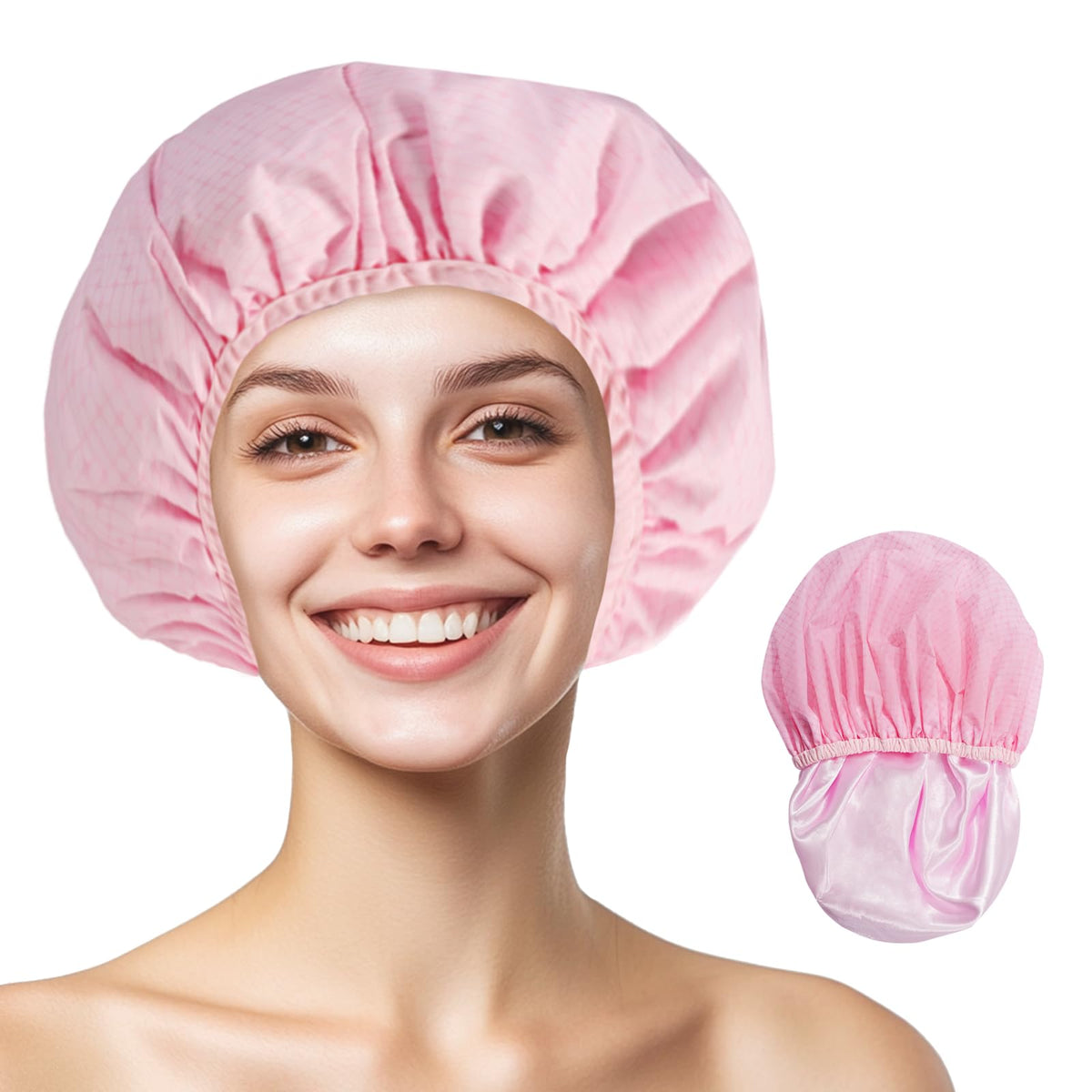 Yizijizi Reusable Waterproof Shower Cap For Long Hair - Large Pink Check