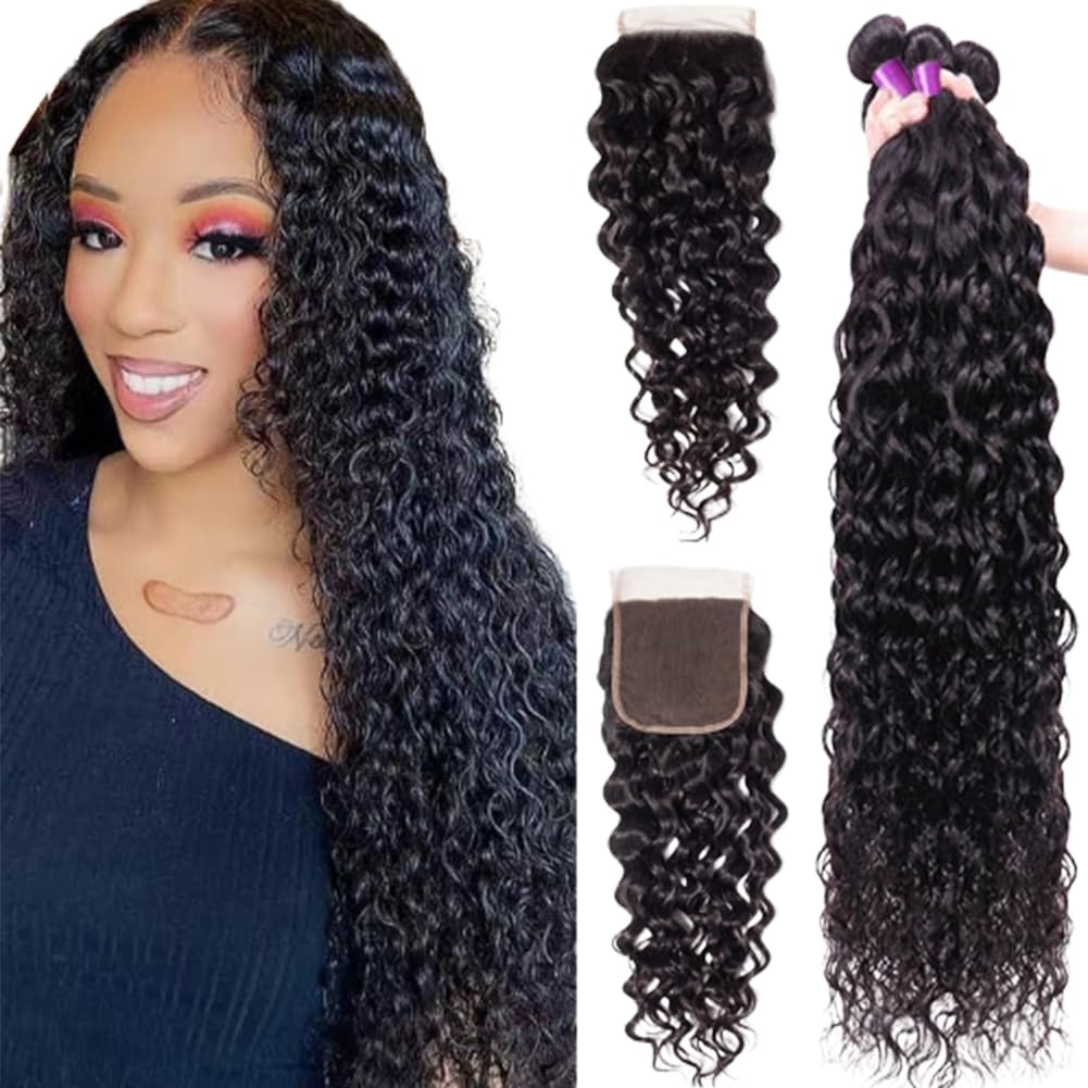 Luduna Water Wave Bundles With Closure - 100% Unprocessed Brazilian Human Hair, 12-16&quot;