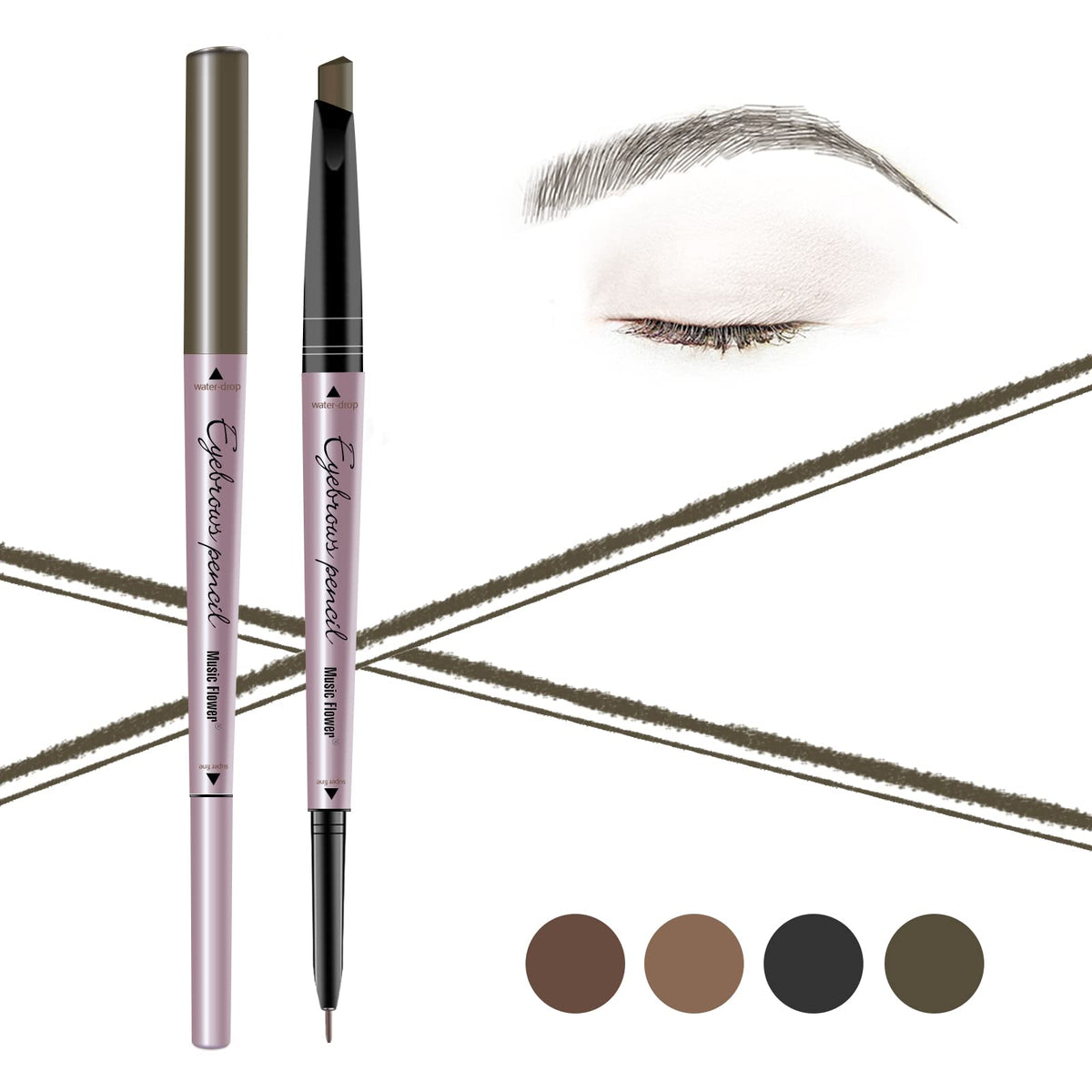 Music Flower Waterproof Double Ended Eyebrow Pencil, Khaki Brown, Long-Lasting Makeup, 1 Count