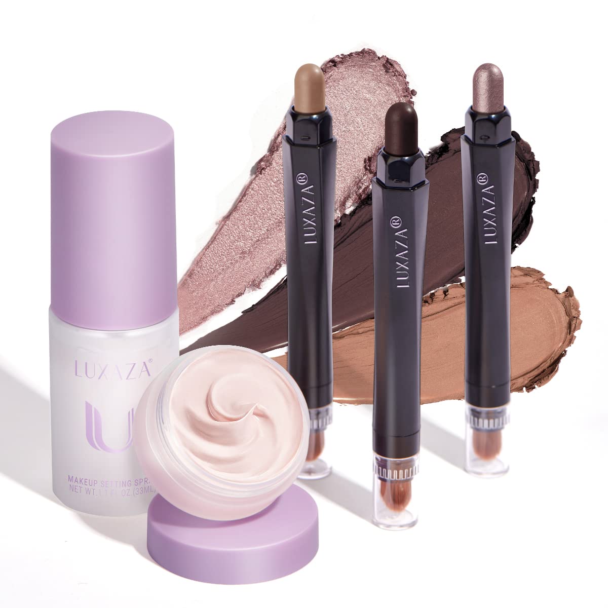 Luxaza 3Pcs Eyeshadow Stick Set - Matte & Shimmer, Primer & Setting Spray, Waterproof Makeup Kit