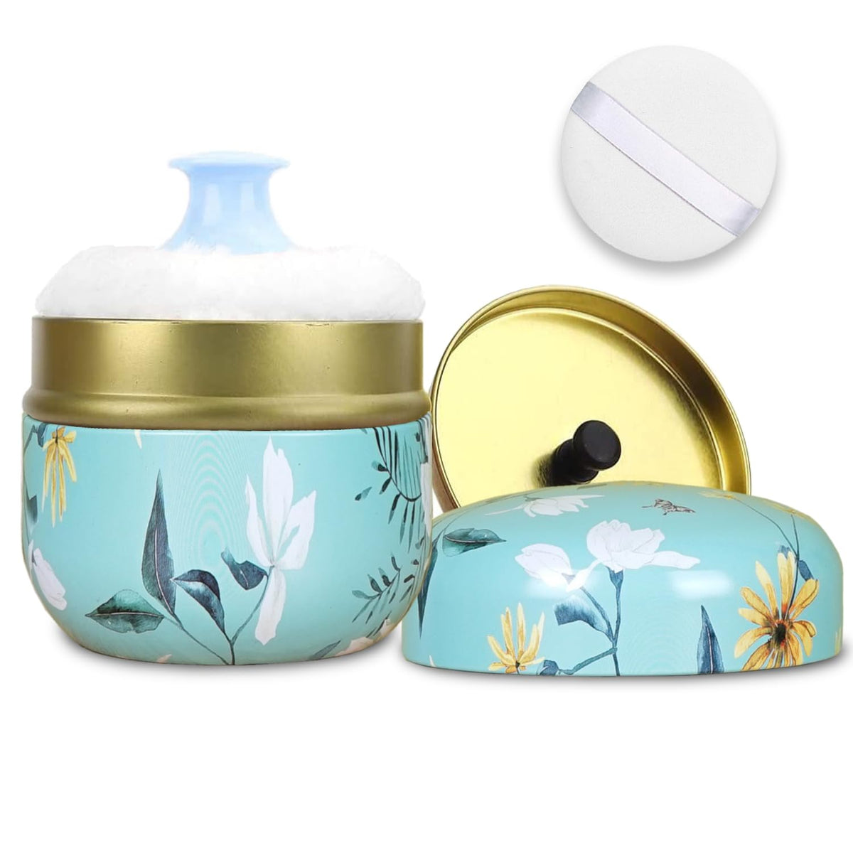 Shimido Body Powder Puff With Container, 3.15&quot; Dusting Powder Case For Baby & Women, Cyan Flower