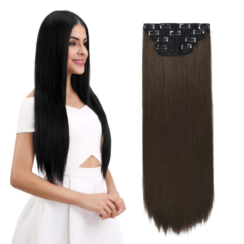 Reecho 24&quot; Thick Clip-In Hair Extensions, Medium Ash Brown, 4 Pcs Set, Synthetic