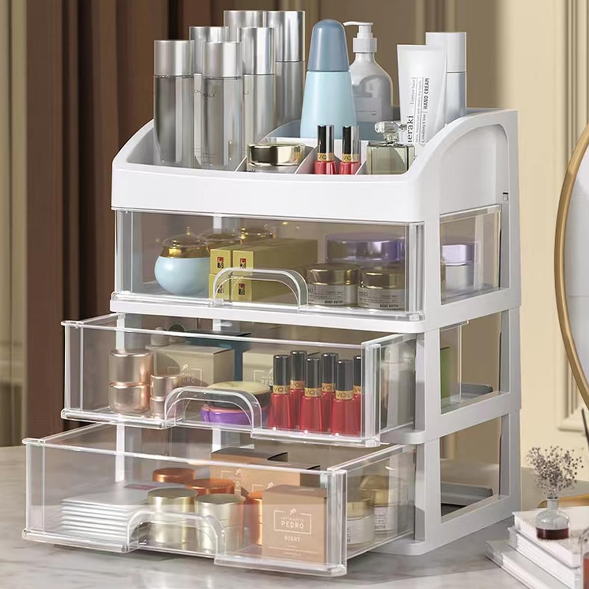 PTBSZCWY White Makeup Organizer with 3 Drawers - Cosmetic Storage Box Display Case