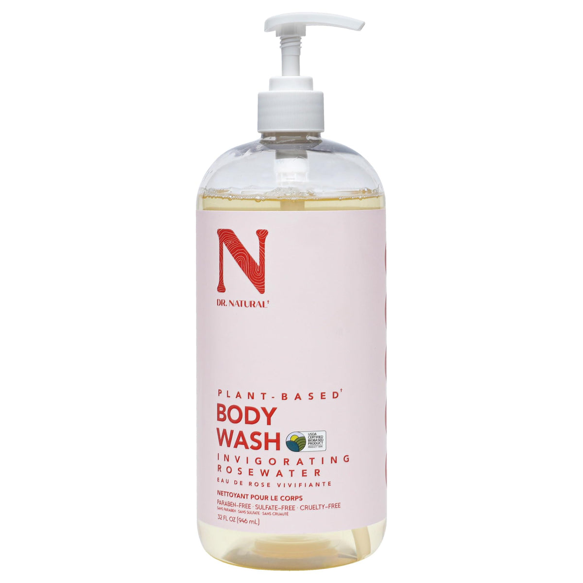 Dr Natural Body Wash  Invigorating Rosewater  32 oz  Moisturizing Body Wash for Dry Skin  Pure PlantBased  Enriched with Or