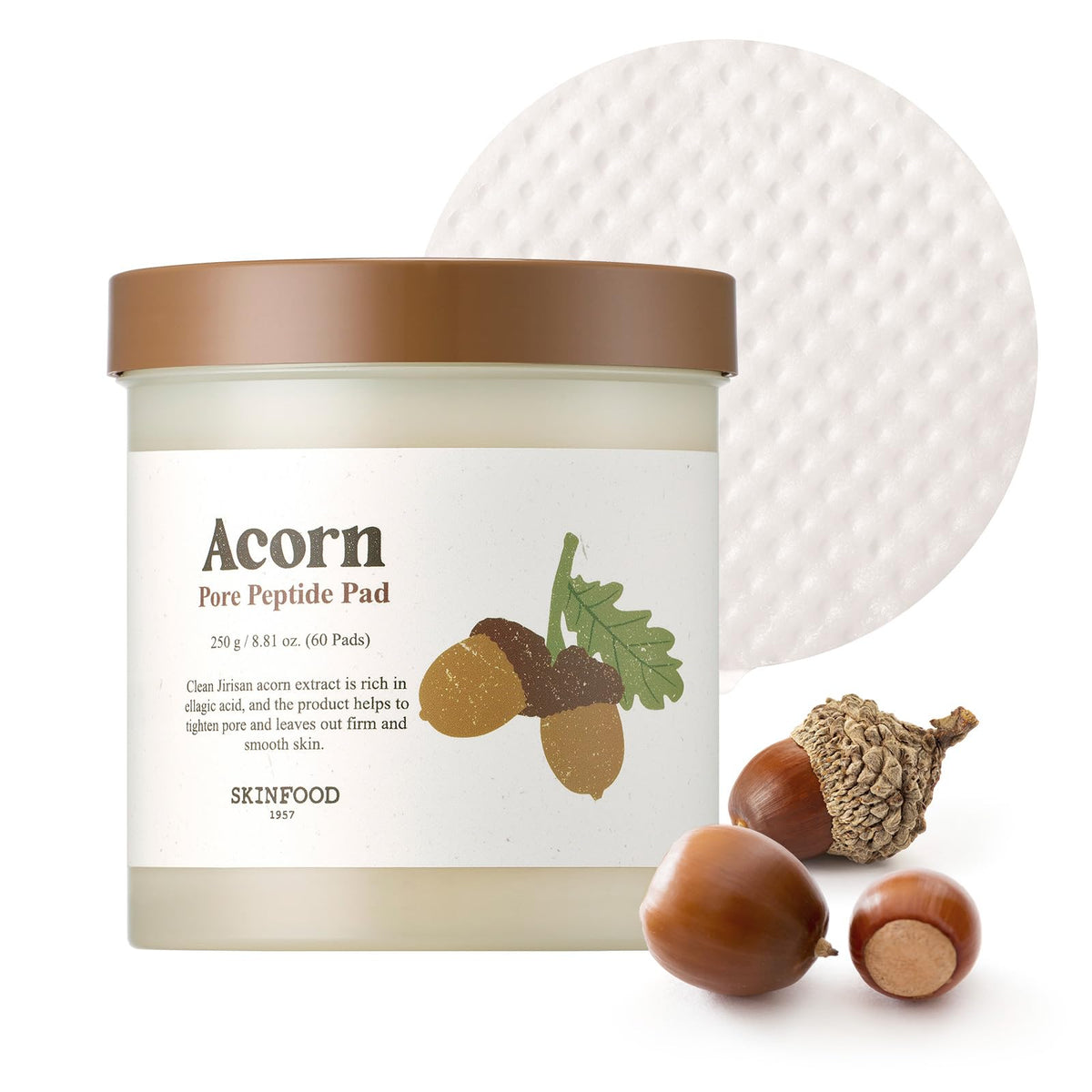 Skinfood Acorn Pore Peptide Toner Pads - Pore Tightening, Firming, 60 Count, Korean Skincare