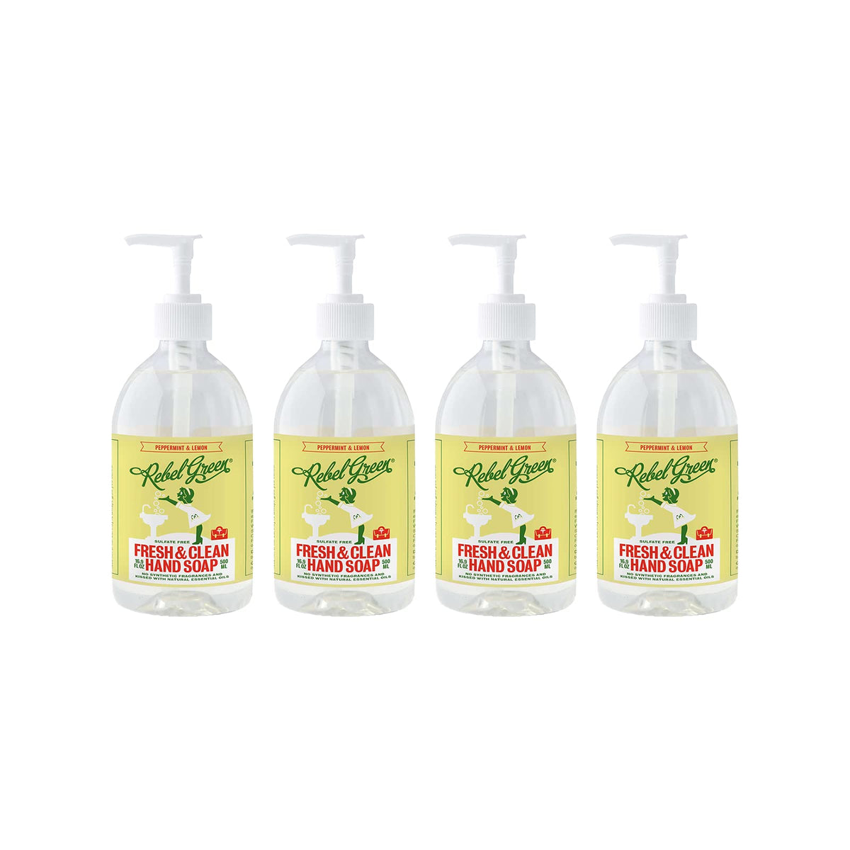 Rebel Green Moisturizing Liquid Hand Soap, Peppermint & Lemon, 16.9 Fl Oz, Pack Of 4