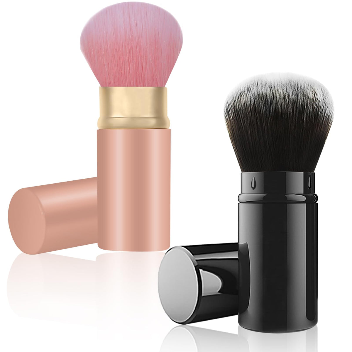 Falliny 2 Pack Retractable Makeup Brush Set - Kabuki Powder Blush & Foundation Brushes, Black/Rose Gold