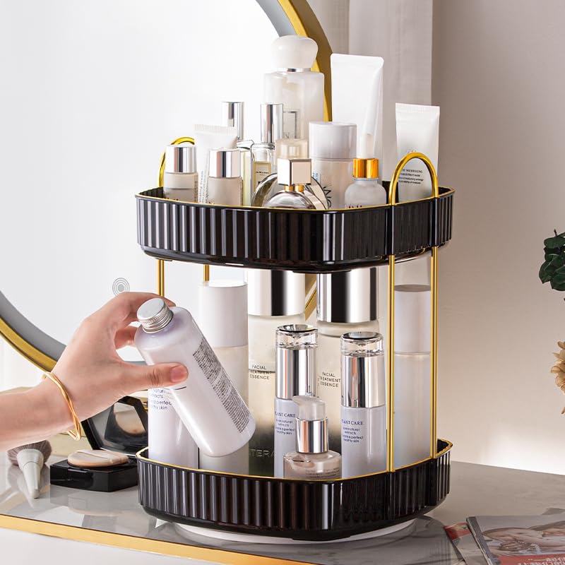 Cestativo 360° Rotating Makeup Organizer - Black, 2-Tier Spinning Skincare & Cosmetics Holder