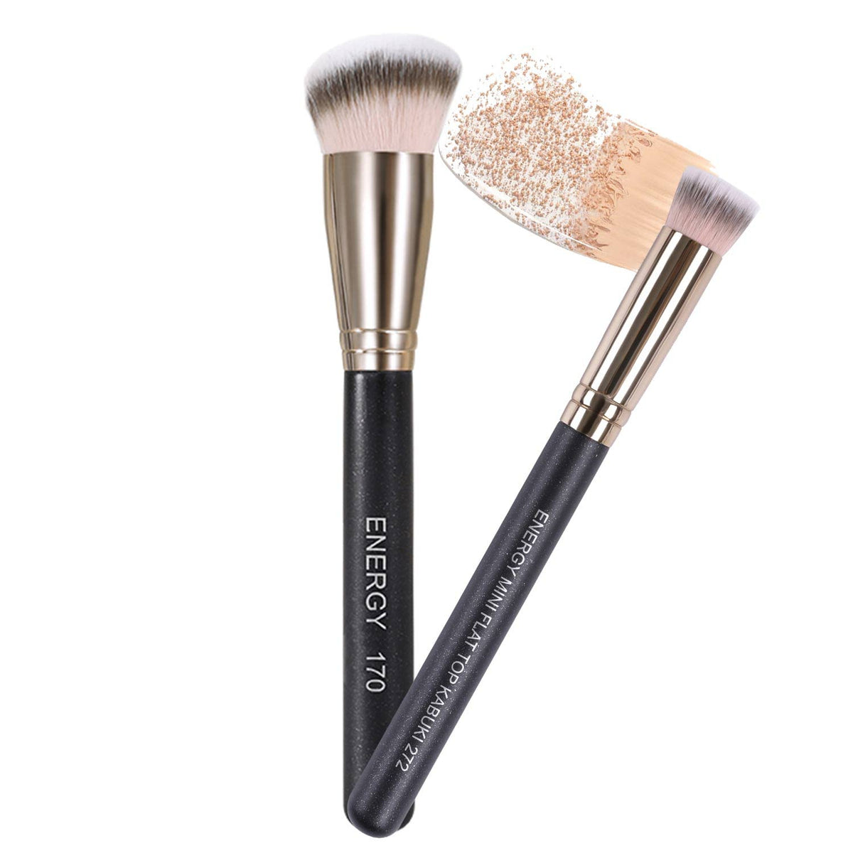 ENERGY Foundation Brushes Set - Round Liquid Makeup & Mini Flat Top Concealer Brush - Black