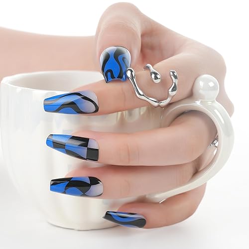 Jofay Fashion Blue Coffin Press On Nails, 24Pcs Reusable Acrylic Nails With Designs