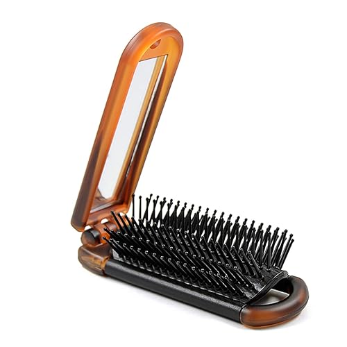 Ancable Compact Folding Hair Brush with Mirror - Travel Size for Gym, Car, Purse, Amber