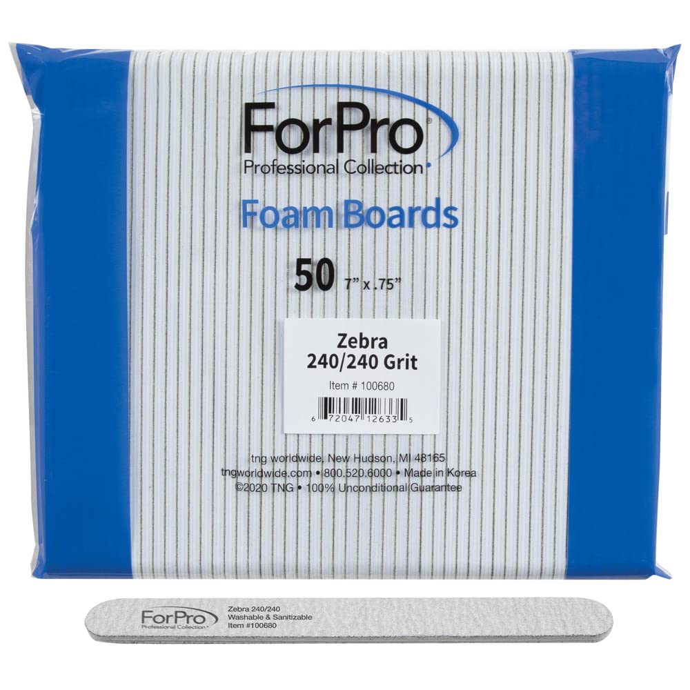 Forpro Zebra Double-Sided Foam Nail File, 240/240 Grit, 7” L, 50-Count