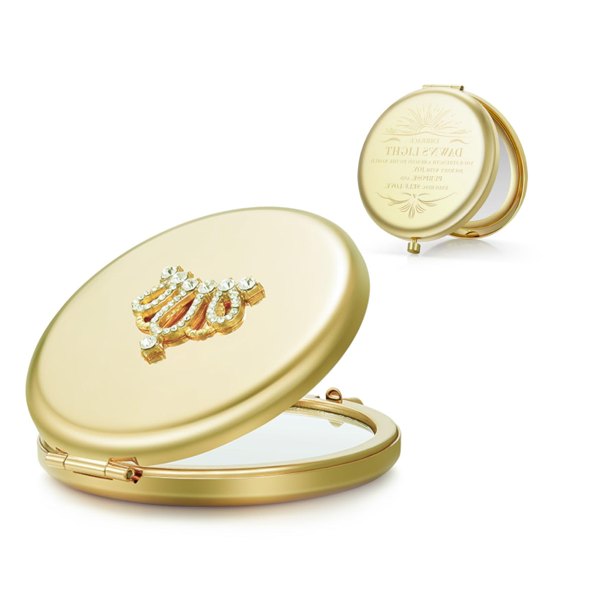 Omiro Gold Compact Makeup Mirror, 1X/10X Magnifying, Crown Engraved Pocket Mirror For Women