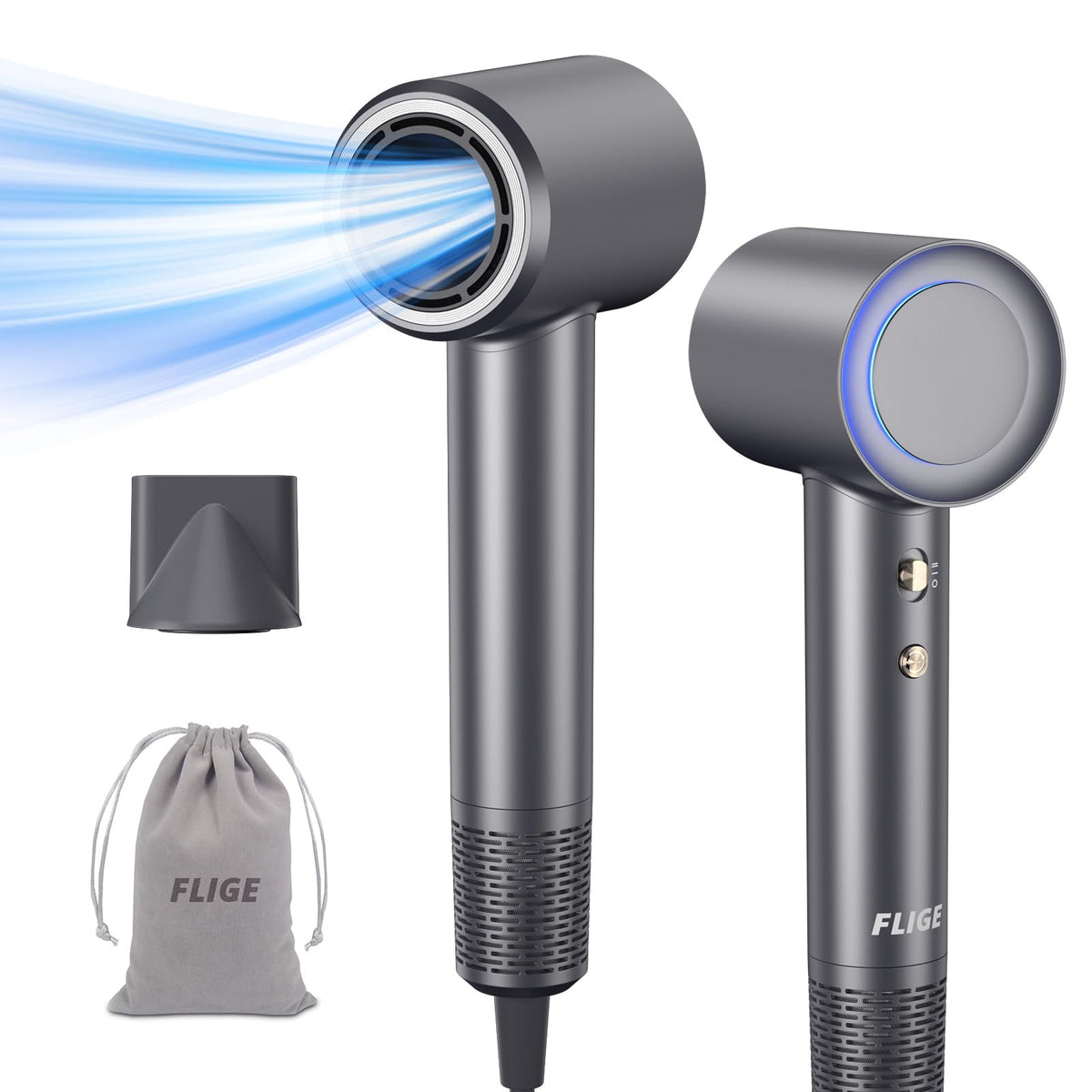 Flige Hair Dryer - 110,000 Rpm, Ionic, Fast Drying, Brushless Motor, Travel-Friendly With Magnetic Nozzle