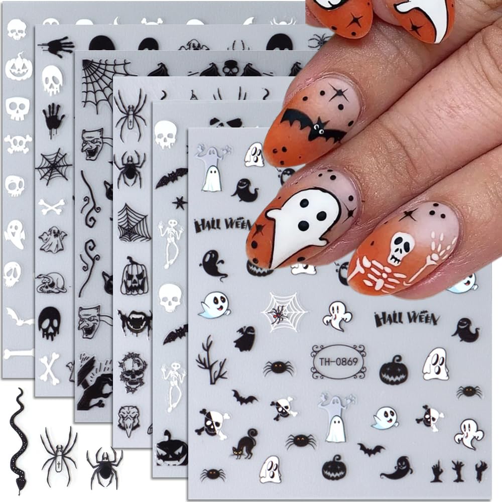 Qdsuh Halloween Nail Stickers - 6 Sheets 3D Black Ghost & Pumpkin Decals For Nail Art Party