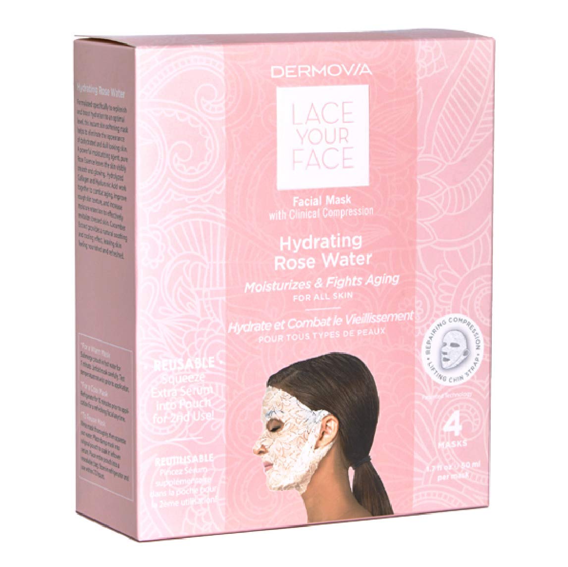 Dermovia Lace Your Face Compression Facial Mask - Biodegradable Cotton, Hydrating Rose Water, 4 Pack