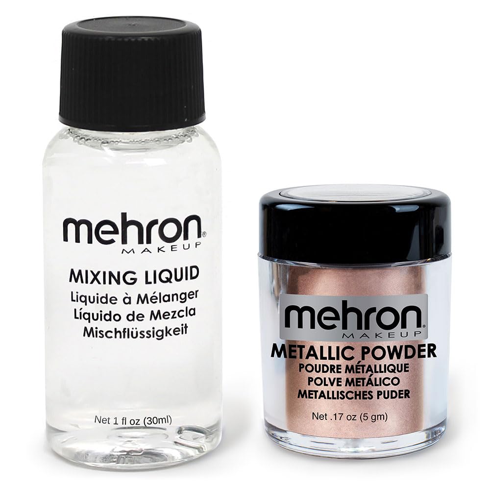 Mehron Rose Gold Metallic Powder (.17 Oz) With Mixing Liquid (1 Oz) - Professional Makeup