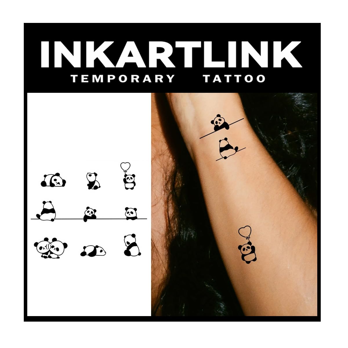 Inkartlink Semi-Permanent Tattoo Sheets - Waterproof Panda Design, Lasts 1-2 Weeks