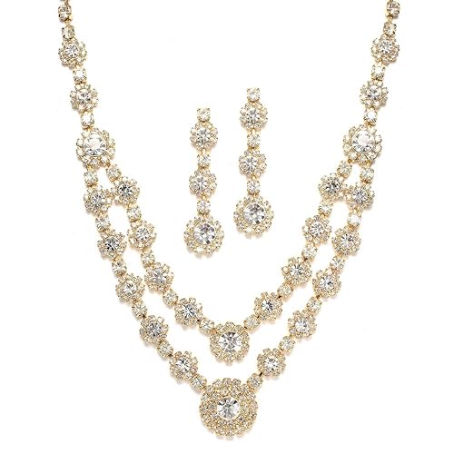 Mariell Gold Rhinestone Crystal Necklace & Earrings Set For Brides, Choker Wedding Jewelry