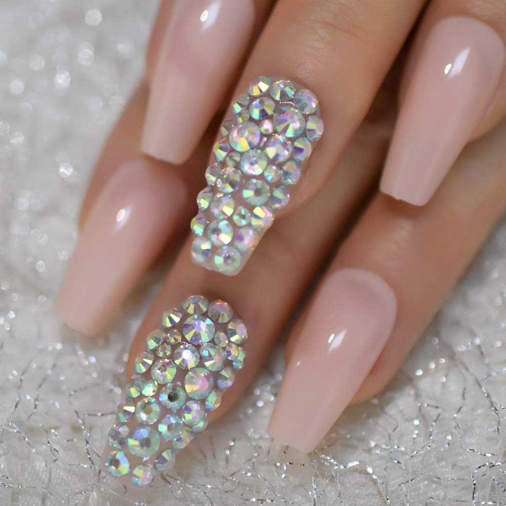 Coolnail Nude Coffin Stiletto False Nails With 3D Ab Diamonds - Full Cover Acrylic Press On