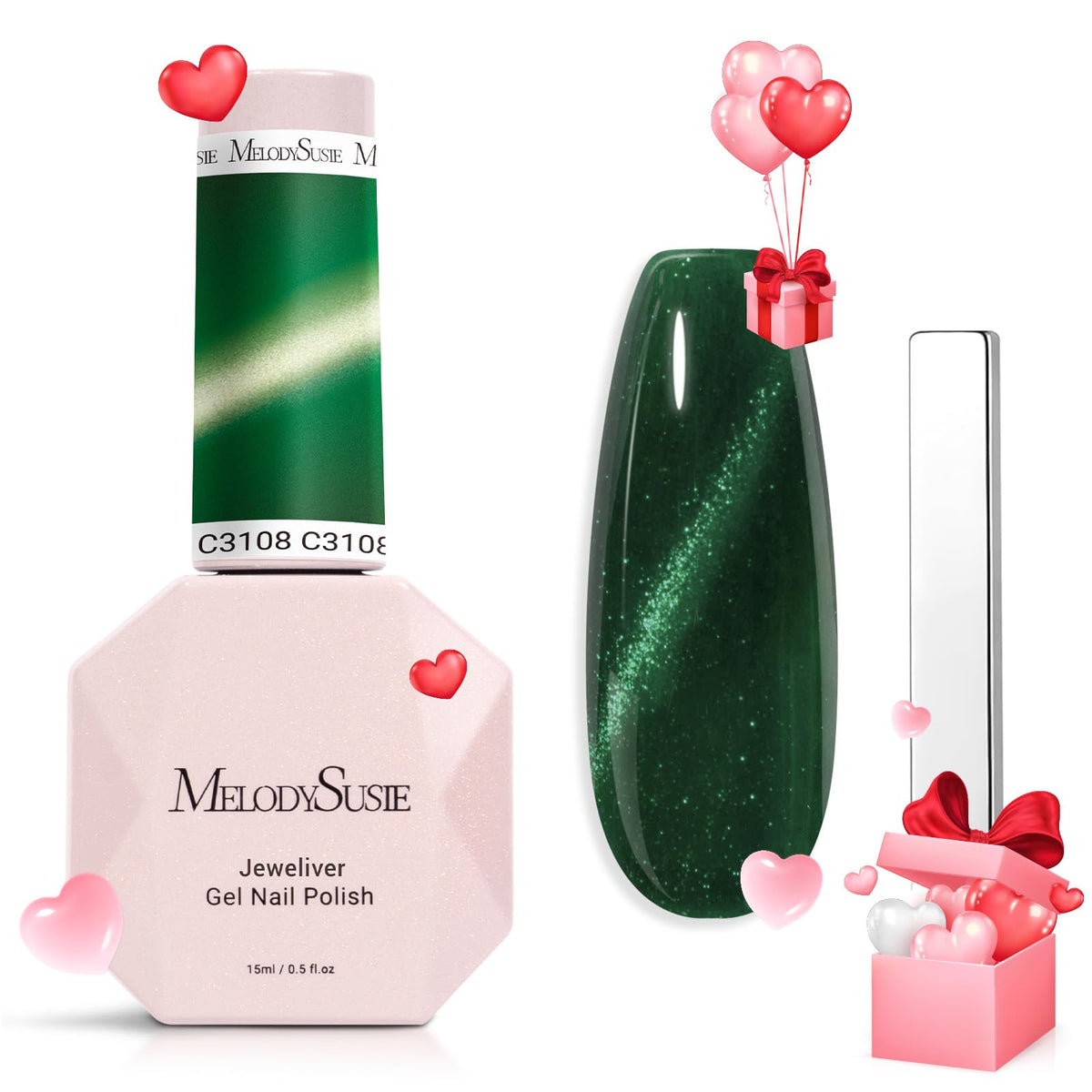 Melodysusie Dark Green Glitter Holographic Cat Eye Gel Nail Polish, 0.5 Fl Oz, Uv Nail Art