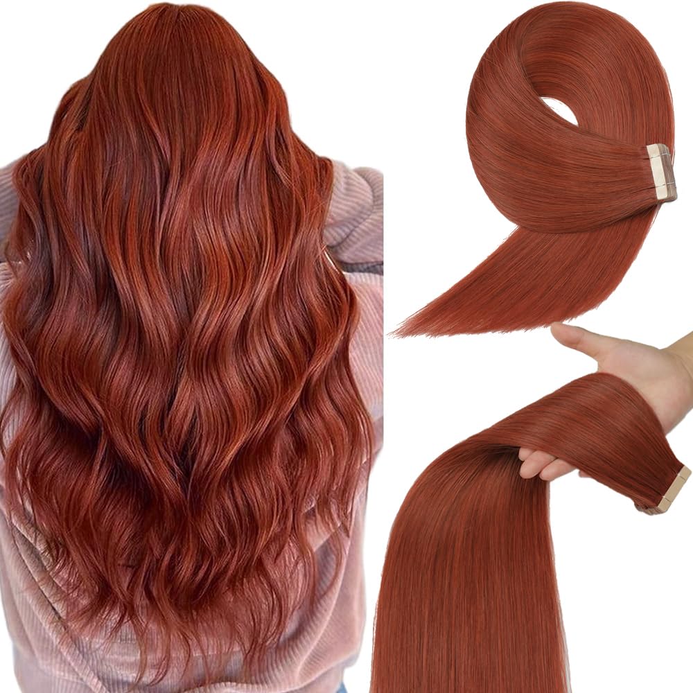 Yddm 22&quot; Tape In Hair Extensions - Copper #350, Real Human Hair, Seamless Remy, 20 Pcs