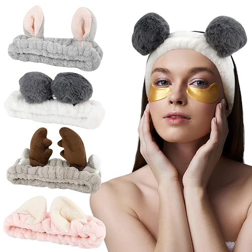 AHONEY Cute Fuzzy Animal Ears Headbands for Women & Girls, 4Pcs Coral Fleece Makeup Set